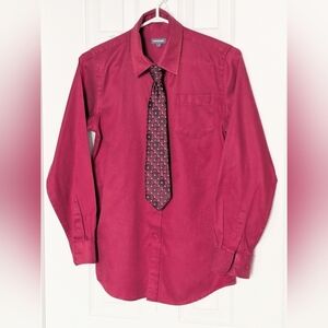 Newberry Boy (Size 14) Deep Red Burgundy Button Down Shirt & Matching Zipper Tie
